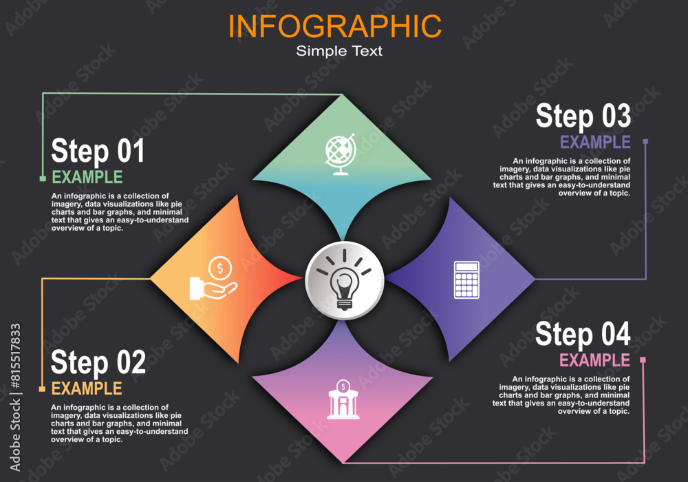 Poster vector infographic is a round shape with four isolated colored flower-like sections showing icons an
