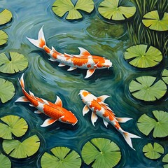 A painting of colorful koi fish swimming in a pond with lotus flowers.