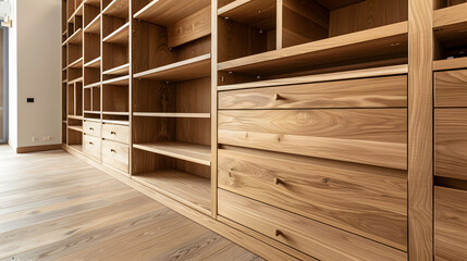 Beautiful custom made oak bookcase with display cabinet drawers drawers and shelves in an apartment with wooden flooring : Generative AI