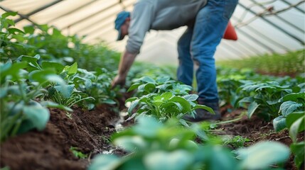 Fototapeta premium A farmer covers a potato plantation with agro fiber before a cold night. Opening of young potatoes plants as it warms. agro fiber industry. Hardening of plants. Greenhouse effect. Generative AI.
