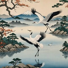 A painting of two cranes flying over a lake with a mountain in the background.