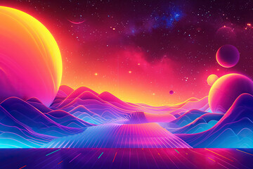 Retro Futuristic landscape from another planet with neon sunset, grid, mountains in 80s style. Generated by artificial intelligence