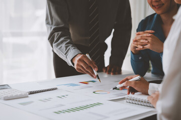 Naklejka premium Meeting to present the Finance Executive business team. Discuss meetings to plan work, investment projects, analysis strategies, and discuss financial graphs and company budgets in the office.