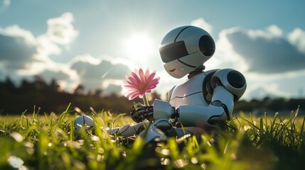 Robot relaxing in grassy field, admiring beauty of pink flower under the warm sun