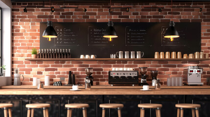 3d render of cafe bar restaurant nobody indoor Empty coffee shop interior daytime with wooden design counter red brick wall in background menu writing on blackboard with beautiful lett : Generative AI