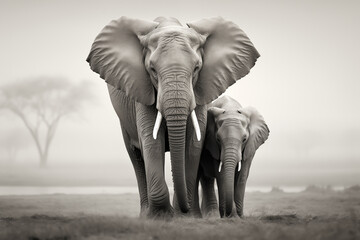 Elephant with youngs in black and white photography