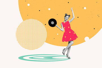 Composite collage picture image of dancing young girl hold vinyl record discotheque shopping ad...