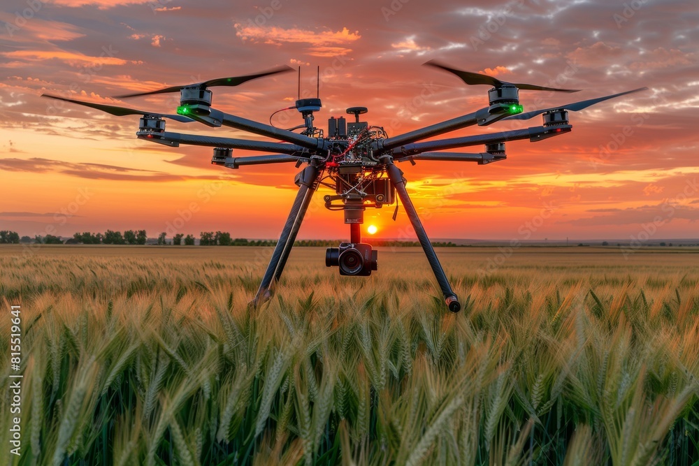 Poster advanced drone operations in modern agriculture focus on efficient crop management and precise field