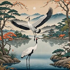 A painting of two cranes flying over a lake with trees and mountains in the background.