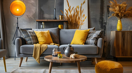The stylish boho compostion at living room interior with design gray sofa wooden coffee table...