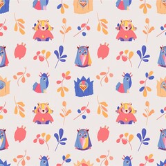a serene seamless pattern of forest creatures organic like owls, squirrels, and hedge