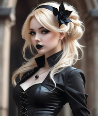Portrait of a stylized blonde woman with dramatic makeup, clothing and cleavage.
