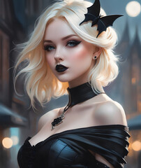 Portrait of a stylized blonde woman with dramatic makeup, clothing and cleavage.