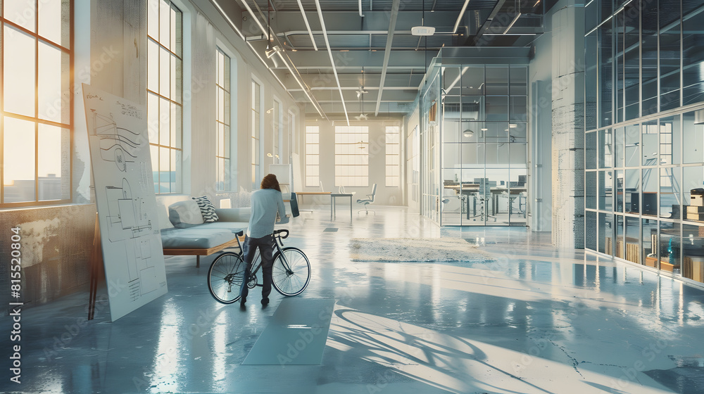 Poster Design project development with 3D visualization of sunny industrial open space office with sofa on concrete floor and lattice glass walls and man hand making sketch of workspaces and  : Generative AI