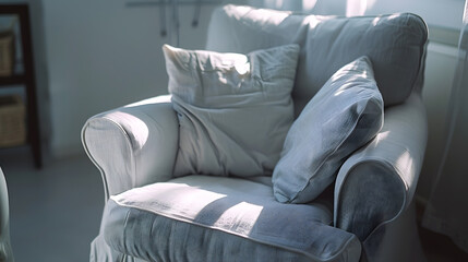 Cozy grey armchair with cushions in interior of light living room : Generative AI