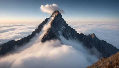 A rugged mountain peak rising above the clouds upscaled_6