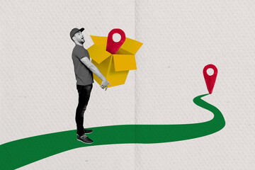 Composite collage picture image of man hold carry carton box world shipping unusual fantasy...