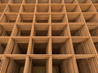 Pile of iron mesh in a construction site. Rebars mesh to build a slab during construction. Gathering of rusty bars grid well arranged. Squares shapes in steel.  Reinforcing mesh, construction material