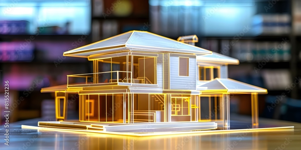 Poster creating a d hologram model of a house on a table in a real estate office. concept 3d hologram model