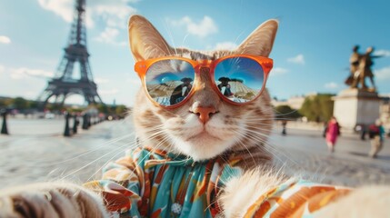 Stylish cat in summer attire poses for a selfie with parisian backdrop, trendy travel concept