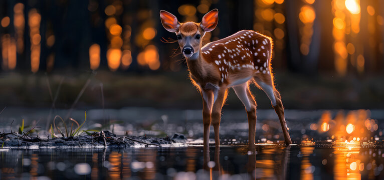 Deer is standing in an imaginary dark and moody river in the forest High quality photo
