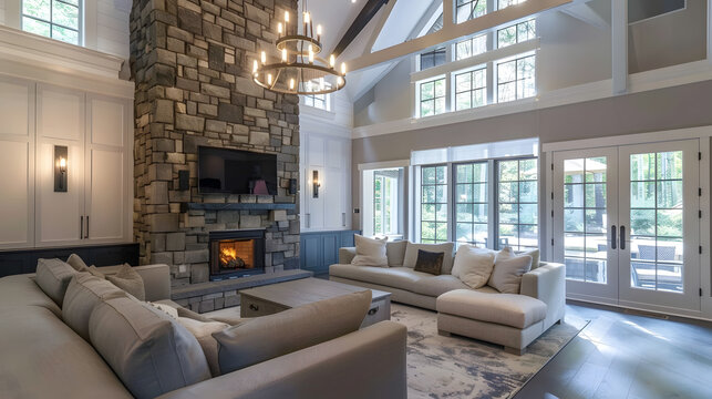 Beautiful living room in new traditional luxury home Features stone accents vaulted ceilings and fireplace with roaring fire : Generative AI