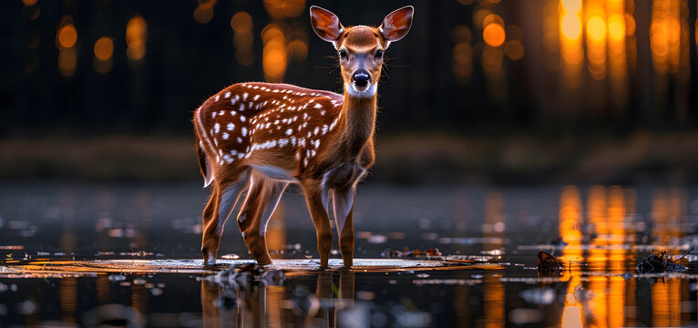 Deer is standing in an imaginary dark and moody river in the forest High quality photo