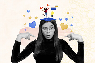 Composite collage picture image of amazed female point self heart icons social media love unusual...