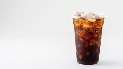 Iced coffee served in a plastic cup against a white isolated backdrop