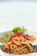 Pad Thai (Stir-fried rice noodles with shrimp) flavor with sugar, lime, ground dried chilies and peanuts; Thailand's popular dishes.