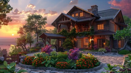wooden house in the forest with flowers in the foreground,3d rendering of modern cozy chalet with parking for sale or rent,Beautiful country house in traditional architectural style  - Powered by Adobe