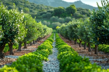 Obraz premium Olive Tree Grove: Rows of olive trees with silver-green leaves. 
