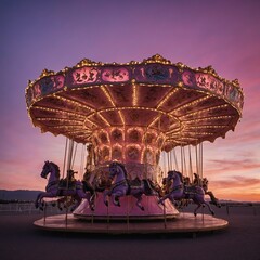 A whimsical pink carousel spinning against a pink and purple sunset.

