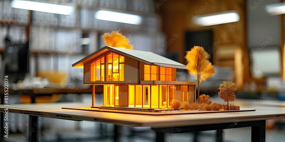 Poster creating a d holographic model of a small house displayed on a table in an office. concept holograph