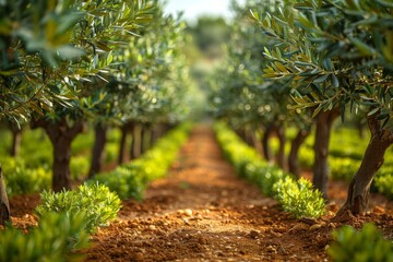Olive Tree Grove: Rows of olive trees with silver-green leaves. 