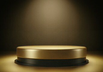 Black and gold podium in a warm spotlight, grainy vintage product stage