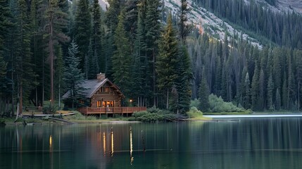 Fototapeta premium Mountain Cabin: Nestled in the mountains, you sit on the porch of a cozy cabin, surrounded by towering pine trees and overlooking a tranquil lake below, the perfect escape from the hustle and bustle o