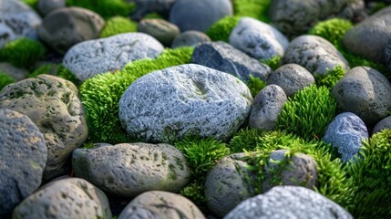 Smooth river stones covered in light moss, detailed for a serene and balanced background,