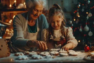 Smiling grandmother and her cute granddaughter cooking homemade cookies together at home