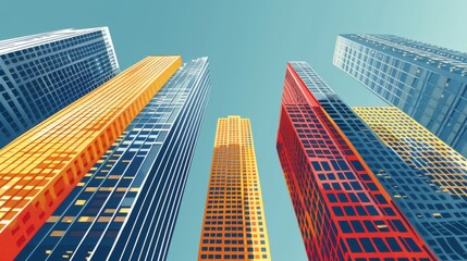 A minimalistic flat illustration of group of skyscrapers and eye catching bright color palette with simple shapes and a blue background, minimalistic design, vector style. Generative AI.