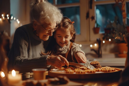 Smiling grandmother and her cute granddaughter cooking homemade cookies together at home