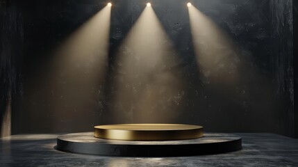 3D-rendered gold podium on a luxurious black stage with spotlights, perfect for product presentations and award ceremonies,