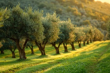 Fototapeta premium Olive Tree Grove: Rows of olive trees with silver-green leaves. 