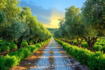 Naklejka premium Olive Tree Grove: Rows of olive trees with silver-green leaves. 
