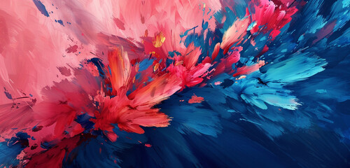 Vibrant coral pink and deep blue on textured canvas.