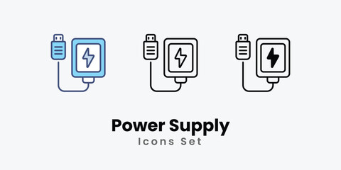 Power Supply Icons thin line and glyph vector icon stock illustration
