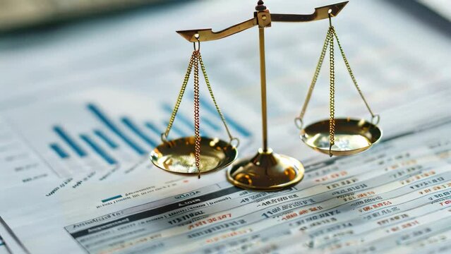 A pair of scales placed on top of a wooden table, A balance sheet displaying assets and liabilities