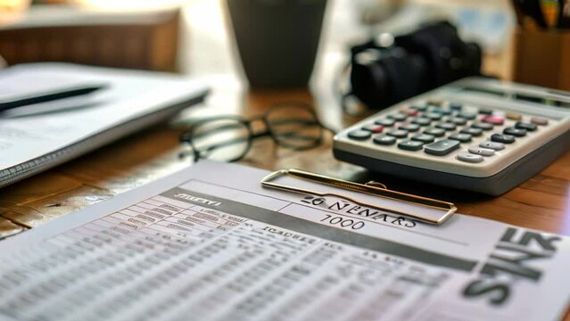 A calculator rests on a wooden table, displaying numbers, symbols, and buttons, A balance sheet displaying assets and liabilities