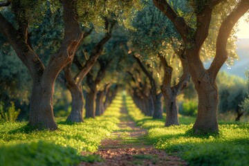 Olive Tree Grove: Rows of olive trees with silver-green leaves. 