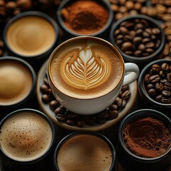 A coffee and presents a striking aesthetic. there is a cup filled with coffee arranged in natural colors. The cup is surrounded by coffee beans. It follows a minimalist style. Generative AI.